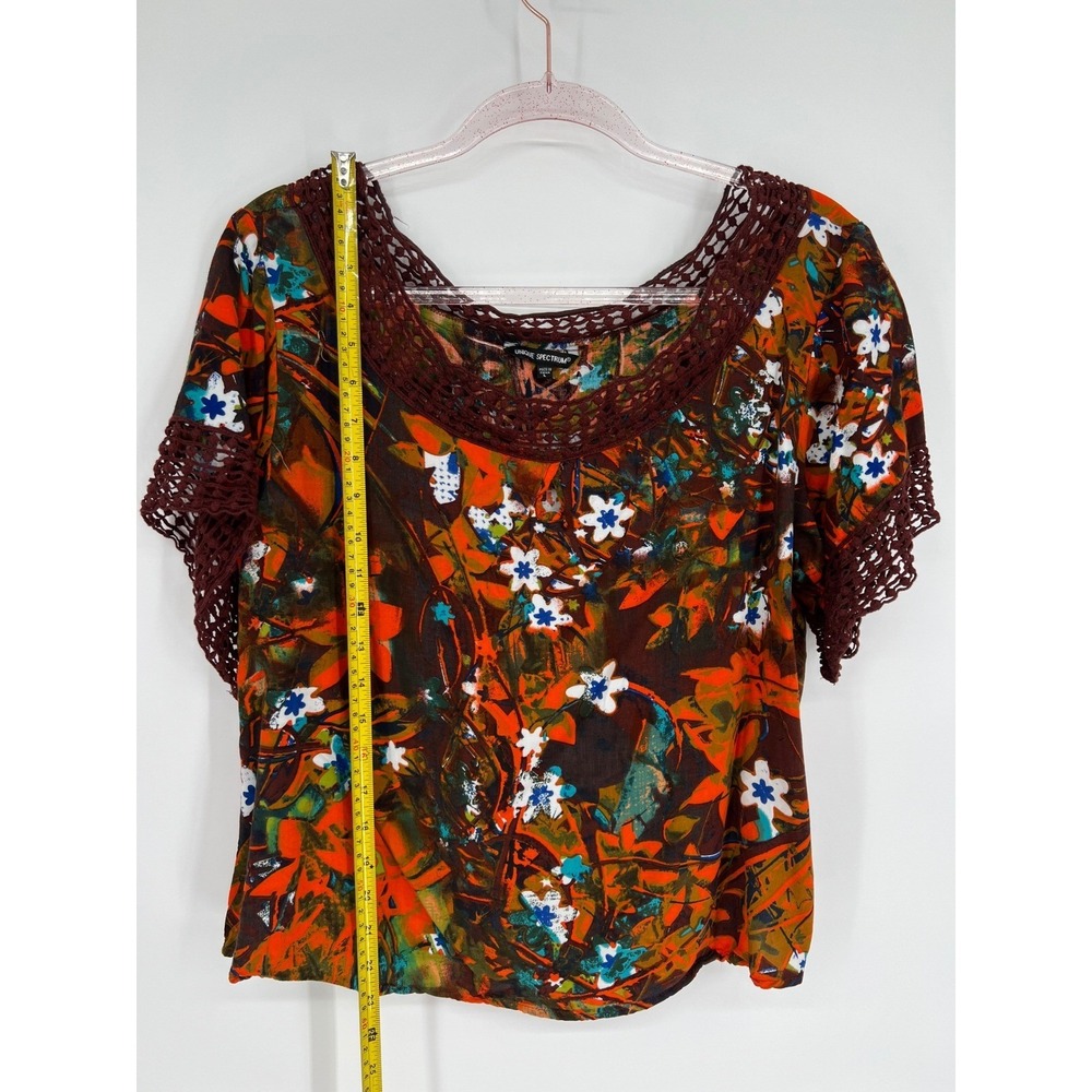 Unique Spectrum Floral Crochet Trim Blouse Short Sleeve Top Orange Red L - Picture 2 of 9